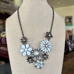 Elegant Floral Statement Necklace - White and GunMetal